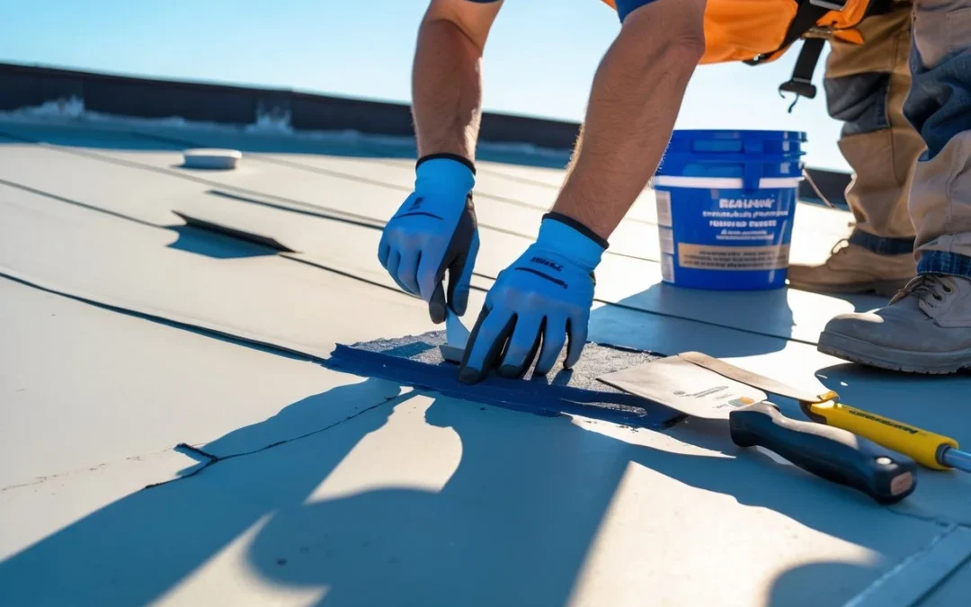 Roofer repairing damaged flat roof membrane