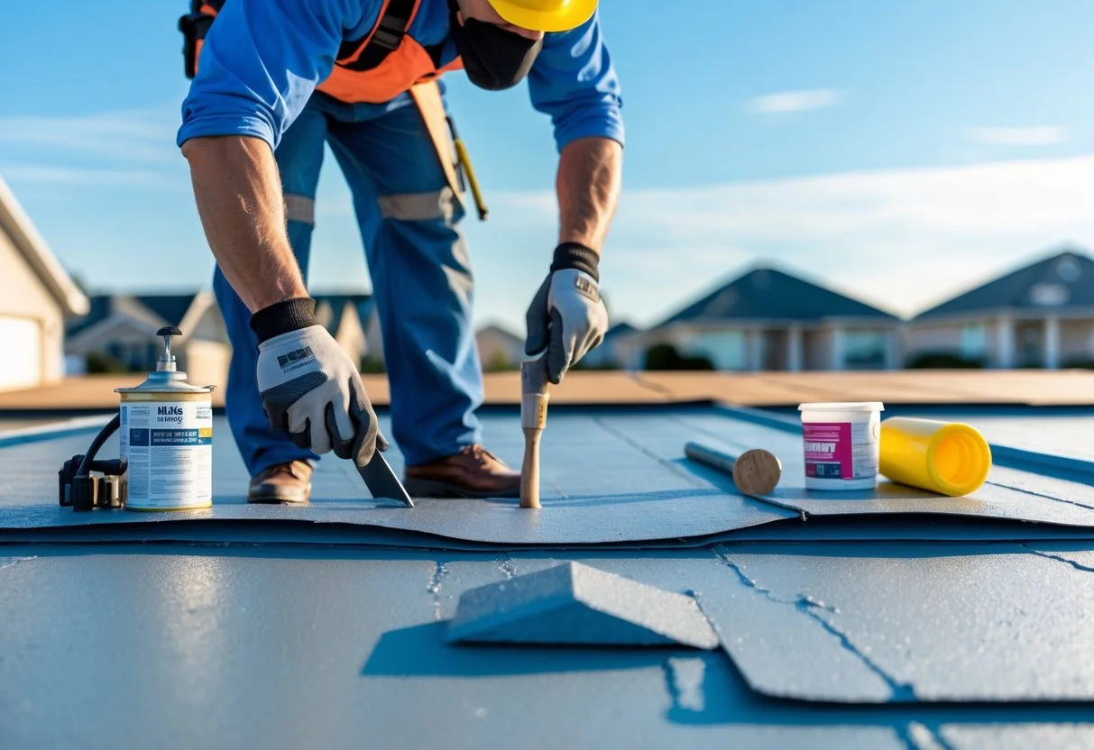 Roofer applying waterproof membrane to flat roof system