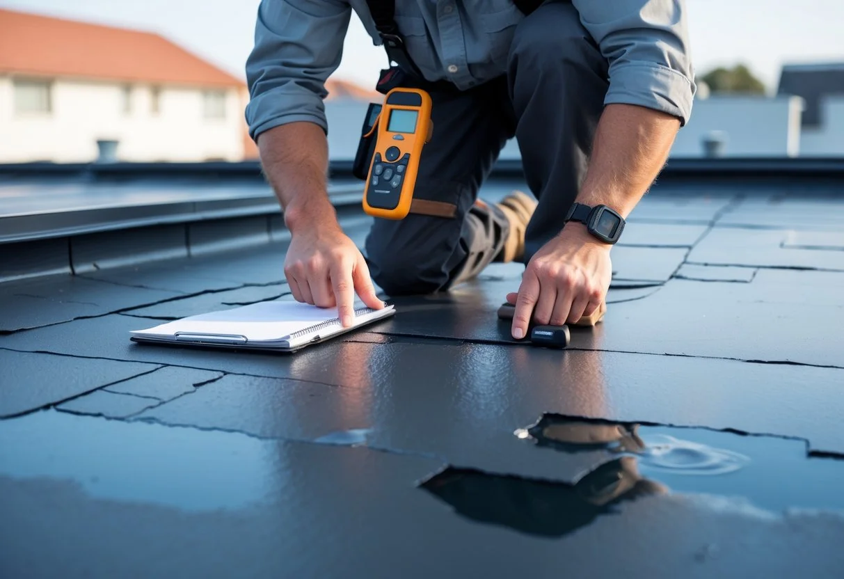 Roofer inspecting damaged flat roof membrane for repairs