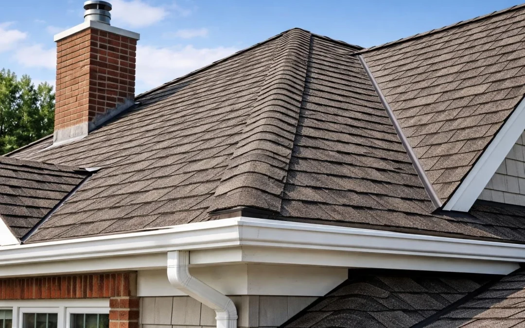 Residential roof with chimney, guttering and roofline details